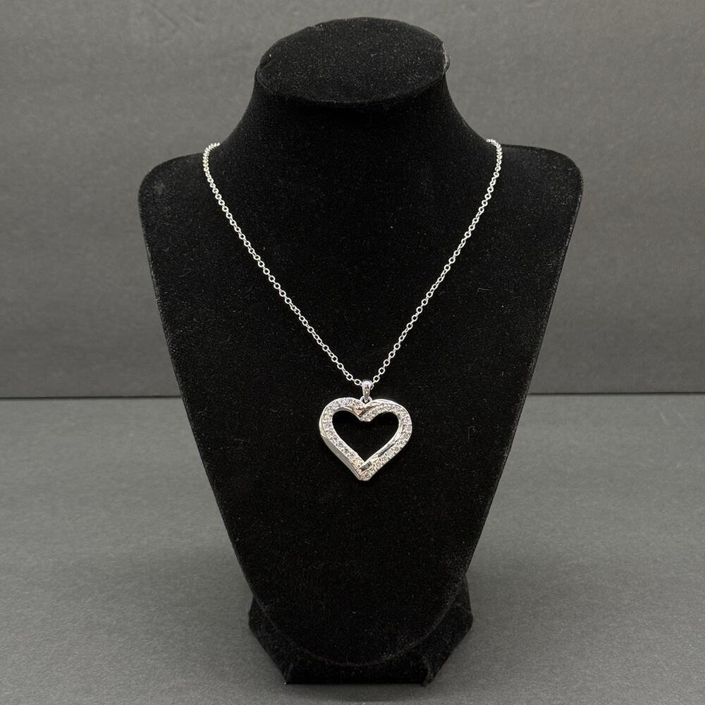 Classic Silver Tone Pave CZ Open Heart Pendant Necklace Sparkling Statement Gift